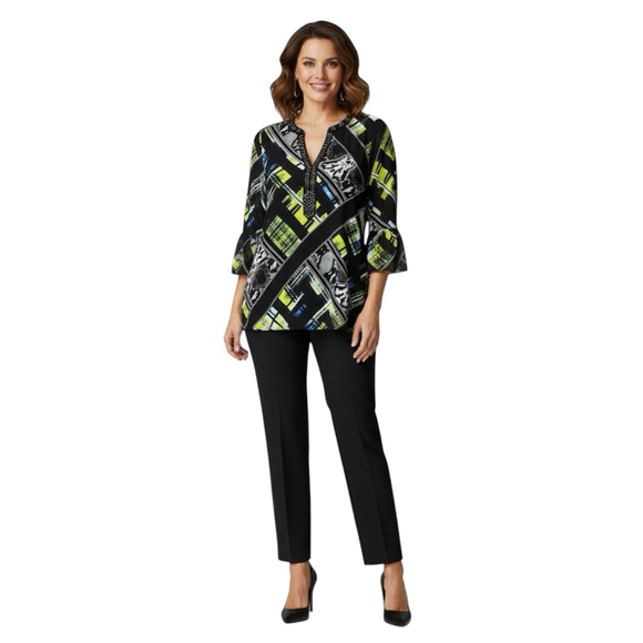 Chic Valerie Stevens Abstract Print Blouse with Ruffled Sleeves - Picture 1 of 9